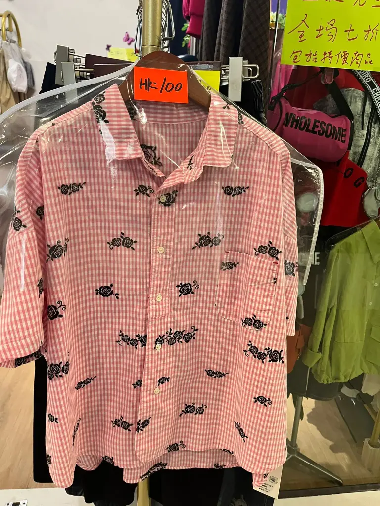 粉白格紋花卉短袖襯衫